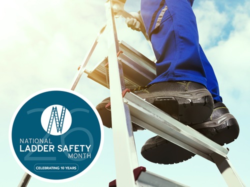 National Ladder Safety Month, with person standing on a ladder