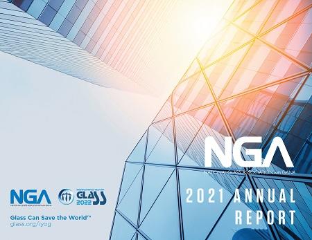 NGA 2021 Annual Report cover with buildings and the  slogan: Glass Can Save the World