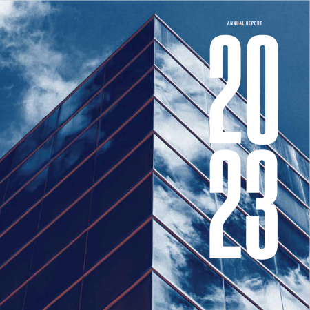 Annual Report 2023 cover with building facade against blue sky